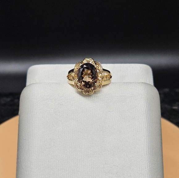 Smokey Quartz brilliant oval cut ring 14k gold 6-3/4 size - Picture 14 of 16